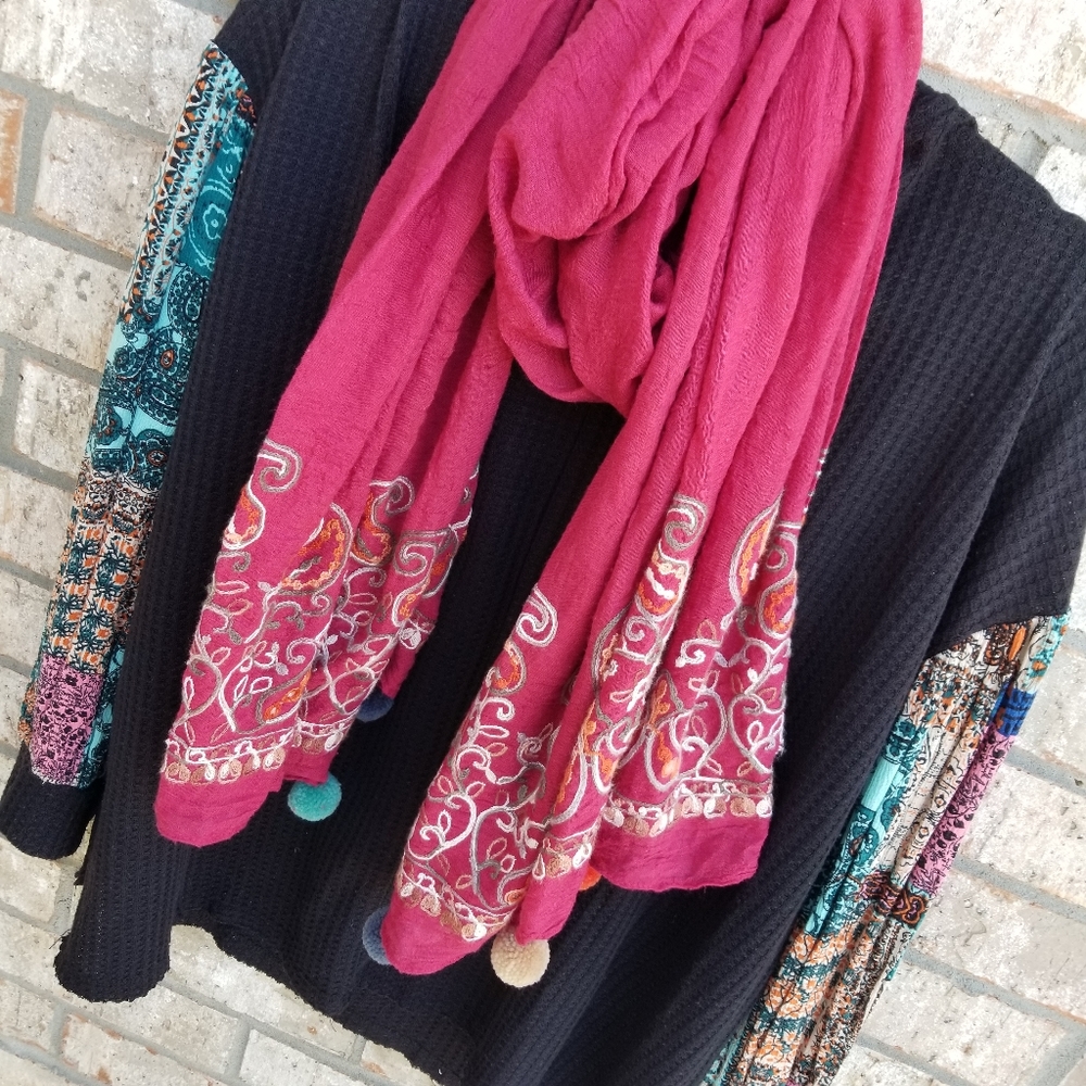 Emporio Enzo Burnt RED Scarf Wrap Embroidered W/Pom Poms 74" x 36"
